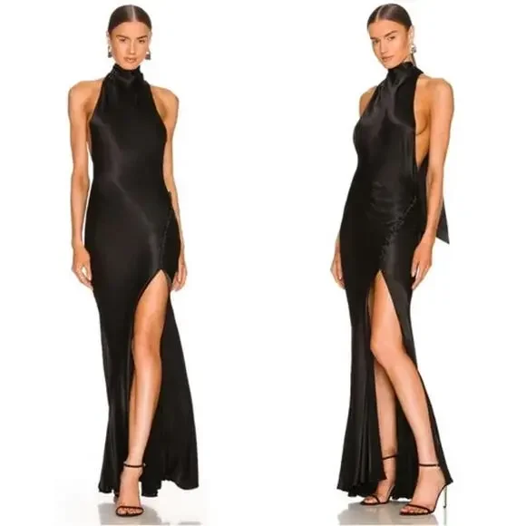 Revolve Sau Lee Black Penelope Halter Tie Neck Maxi Gown Size 2 NWT $550 msrp - Picture 4 of 8